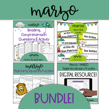 Preview of Spanish March BUNDLE: Word Wall Cards, Comprehensible Input Reading, Puzzles