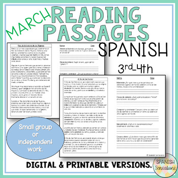 Preview of Spanish March Reading Comprehension Passages 3rd 4th Comprensión Lectoras