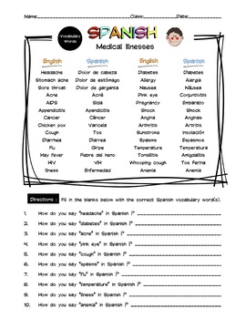 Spanish Medical Illnesses Vocabulary Word List Worksheet Answer Key