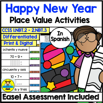 Preview of Spanish New Year Place Value Math Activities and Digital Assessment