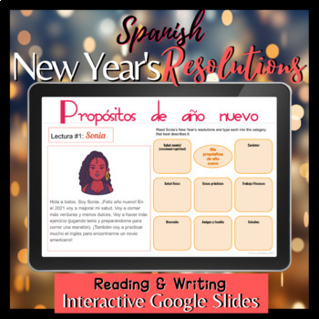 Preview of Spanish New Year's Resolutions Propositos año nuevo Google Slides & Print