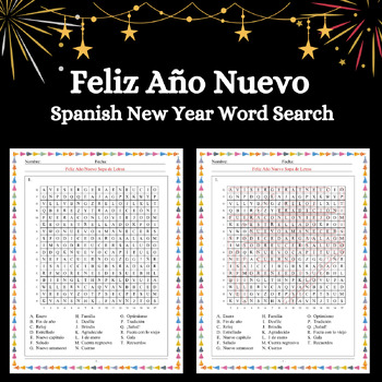 Preview of Spanish New Year's Vocabulary Word Search Puzzle Worksheets - Feliz Año Nuevo