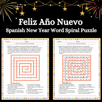 Preview of Spanish New Year's Vocabulary Word Spiral Puzzle Worksheets - Feliz Año Nuevo