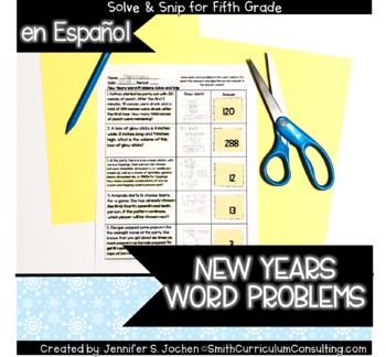 Preview of Spanish New Years Word Problems Solve and Snip