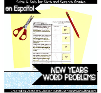 Preview of Spanish New Years Word Problems | Solve and Snip® | 6th & 7th Grade