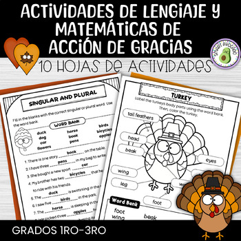 Preview of Spanish No-Prep Thanksgiving Language and Math Activities/ Worksheets