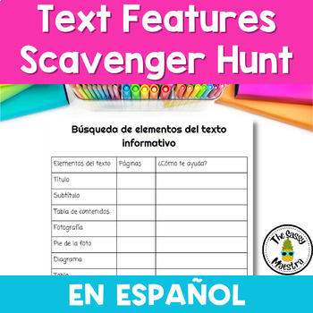 Preview of Text Features Scavenger Hunt in Spanish Búsqueda de elementos del texto