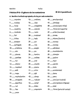 gender of nouns in spanish worksheet worksheet list