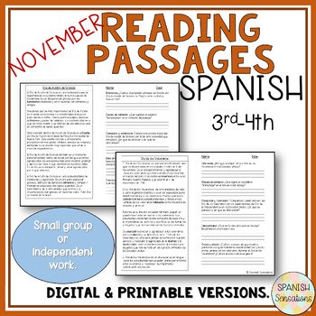 Preview of Spanish November Reading Comprehension Passages 3rd-4th Comprensión Lectoras