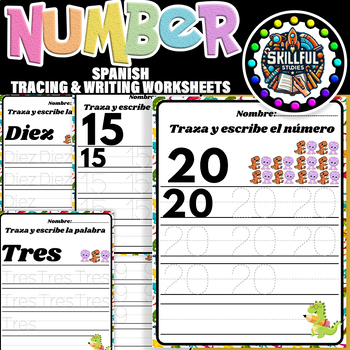 Preview of Spanish Number 1-20 Tracing Worksheets With Dinosaur Themed|Writing Numbers 1-20