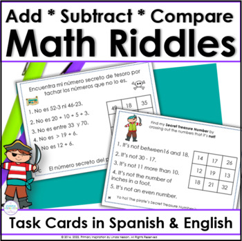 Math Riddle Task Cards for Two-Digit Numbers ~ Spanish/English Bundle