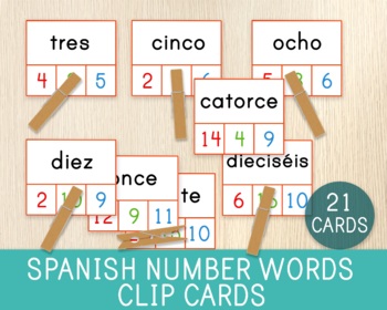 Preview of Spanish Number Words Clip Cards, 0-20, Spanish Classroom, Montessori Style