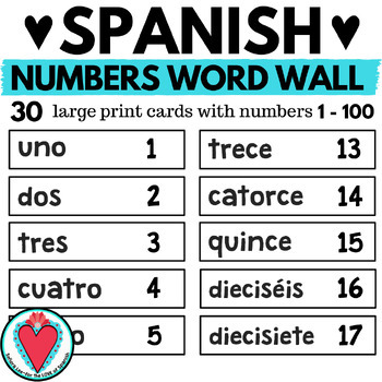 Preview of Spanish Numbers Posters Spanish Numbers 1-100 Word Wall Cards for Bulletin Board