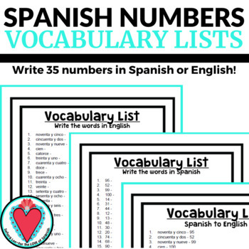 Preview of Spanish Numbers 1-100 Worksheets Spanish to English Vocabulary Lists - Números