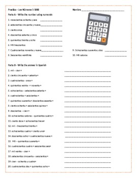 Preview of Spanish Numbers 1-1000 Worksheet