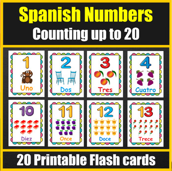 Spanish Numbers Flash cards for kids to practice counting up to 20