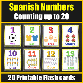 Spanish Numbers Flash cards for kids to practice counting up to 20