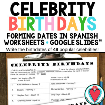 Preview of Spanish Numbers Months Worksheet - Forming Dates in Spanish Celebrity Birthdays 