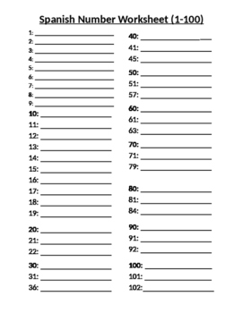 Spanish Number Worksheet (1 - 100) by Elementary Spanish | TpT