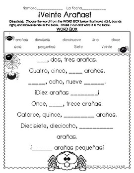 Spanish Numbers - Veinte Arañas Song and Coordinating Worksheets by Hola  Amigos