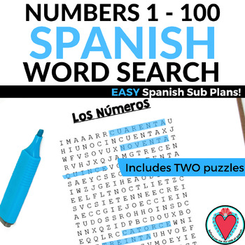 Preview of Spanish Numbers Worksheet 1 - 100 Word Search Spanish 1 End of Year Review