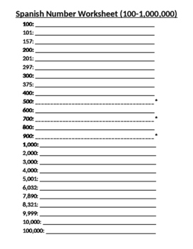 Preview of Spanish Numbers Worksheet (100 - 1,000,000)