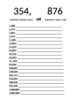 spanish numbers worksheet 100 1 000 000 tpt