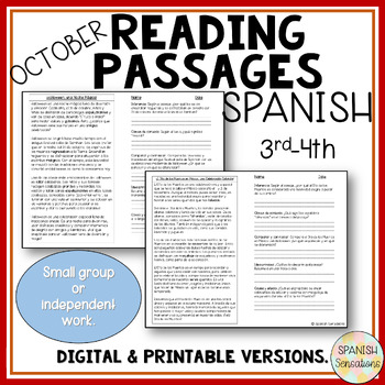 Preview of Spanish October Reading Comprehension Passages 3rd-4th Comprensión Lectoras
