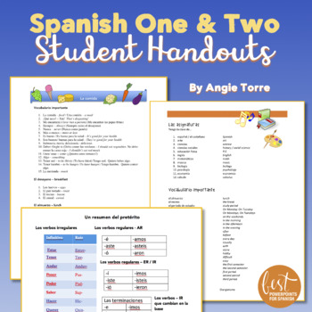 Preview of Spanish 1 and 2 Student Handouts or Cheat-Sheets for an Entire Year Bundle