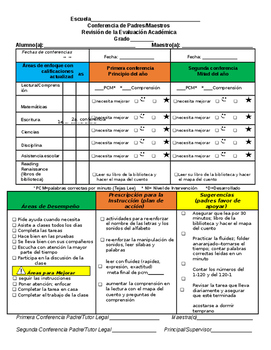 Preview of Spanish Parent/Teacher Editable Quick Conference Form In Color