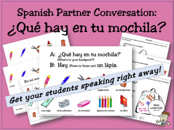 Preview of Spanish Partner Conversation: ¿Qué hay en tu mochila? (school supplies)