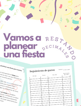 Preview of Spanish Party Planning Budget Worksheet:Subtracting Decimals, Restando Decimales