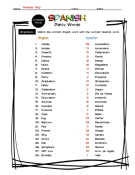 Spanish Party Vocabulary Matching Worksheet Answer Key Tpt