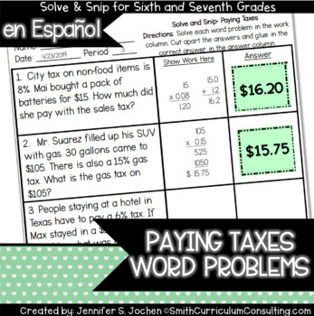 Preview of Spanish Paying Taxes Word Problems | Solve and Snip® | TEKS 7.4d