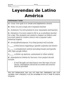 Preview of Spanish Performance Task Project; Leyendas de Latino America Research Projects
