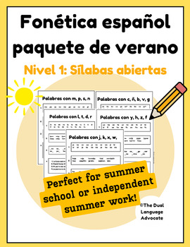 Preview of Nivel 1 Spanish Phonics Summer Packet -sílabas abiertas paquete de verano