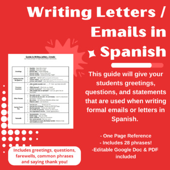 Preview of Spanish Phrases for Writing Letters & Emails - Student Reference Sheet