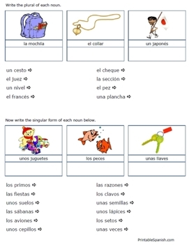 spanish plurals worksheets subject