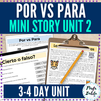 Preview of Spanish Por vs Para 2 Grammar in Context Short Story + 5 Activities - Sub Plans