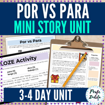 Preview of Spanish Por vs Para Grammar in Context Short Story + 5 Activities - Sub Plans