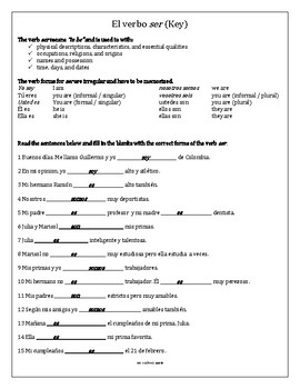 Spanish Practice Worksheets for the verb SER by Mr Electives | TpT