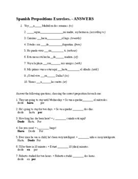 Spanish: Preposition Practice Worksheet - with answers | TPT