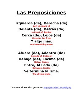 Preview of Spanish Prepositions, Las Preposiciones Rhyme