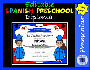 Preview of Spanish Preschool Diploma - Editable - Dominican Republic Flag Theme