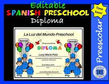 Preview of Spanish Preschool Diploma - Kids with Balloons Theme - Editable