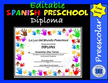 Preview of Spanish Preschool Diploma - Painting Hands Theme - Editable