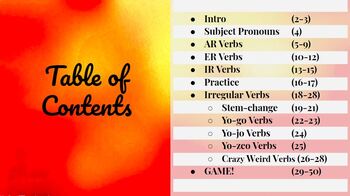 Preview of Spanish - Present Tense (Ar, Er, & Ir, as well as IRREGULARS)