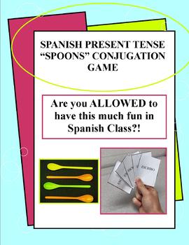 Preview of Spanish - Present Tense Conjugation Spoons Game w/ Written Translation Practice