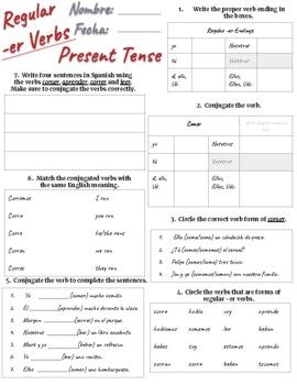 Preview of Spanish Present Tense One Page -er Verb Practice (Learn/Practice/Review/Sub Day)