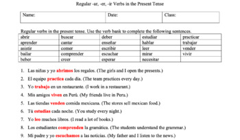 Preview of Spanish Present Tense: Regular -ar, -er, -ir Verbs (Assessment or Worksheet)